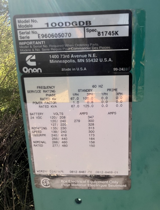 1996 ONAN Gen Set 100 DGDB - Image 5